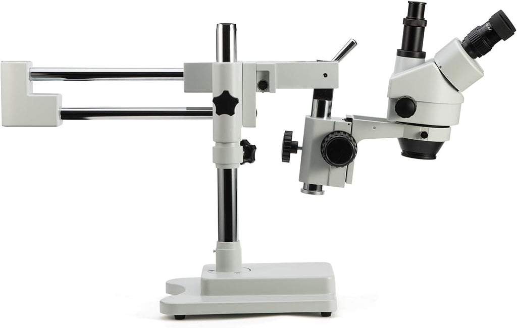 Simul-Focal Trinocular Stereo Zoom Microscope with WH10x Eyepieces, 0.7X-4.5X Objective, LED Ring Light, Double Arm Boom Stand, 0.5X and 2.0X Barlow Lens R69913