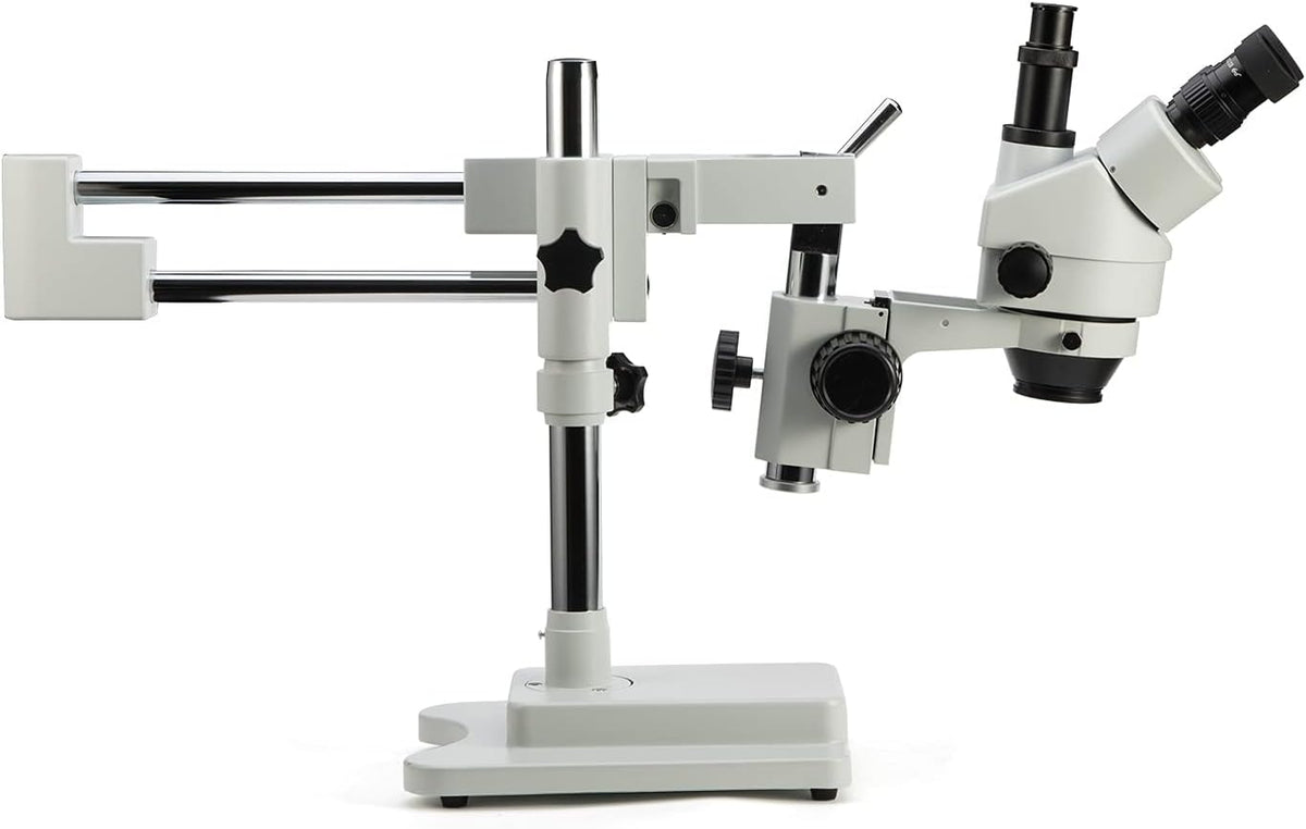Simul-Focal Trinocular Stereo Zoom Microscope with WH10x Eyepieces, 0.7X-4.5X Objective, LED Ring Light, Double Arm Boom Stand, 0.5X and 2.0X Barlow Lens R69913