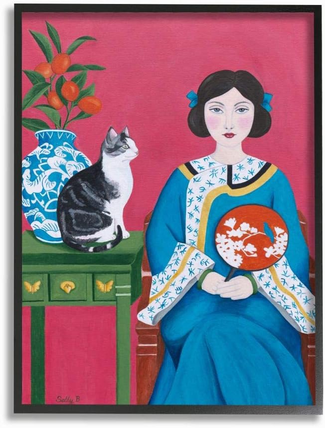 Red Green Blue Chinese Woman and Cat Painting, 24 x 30, Black Framed Wall Art I801746