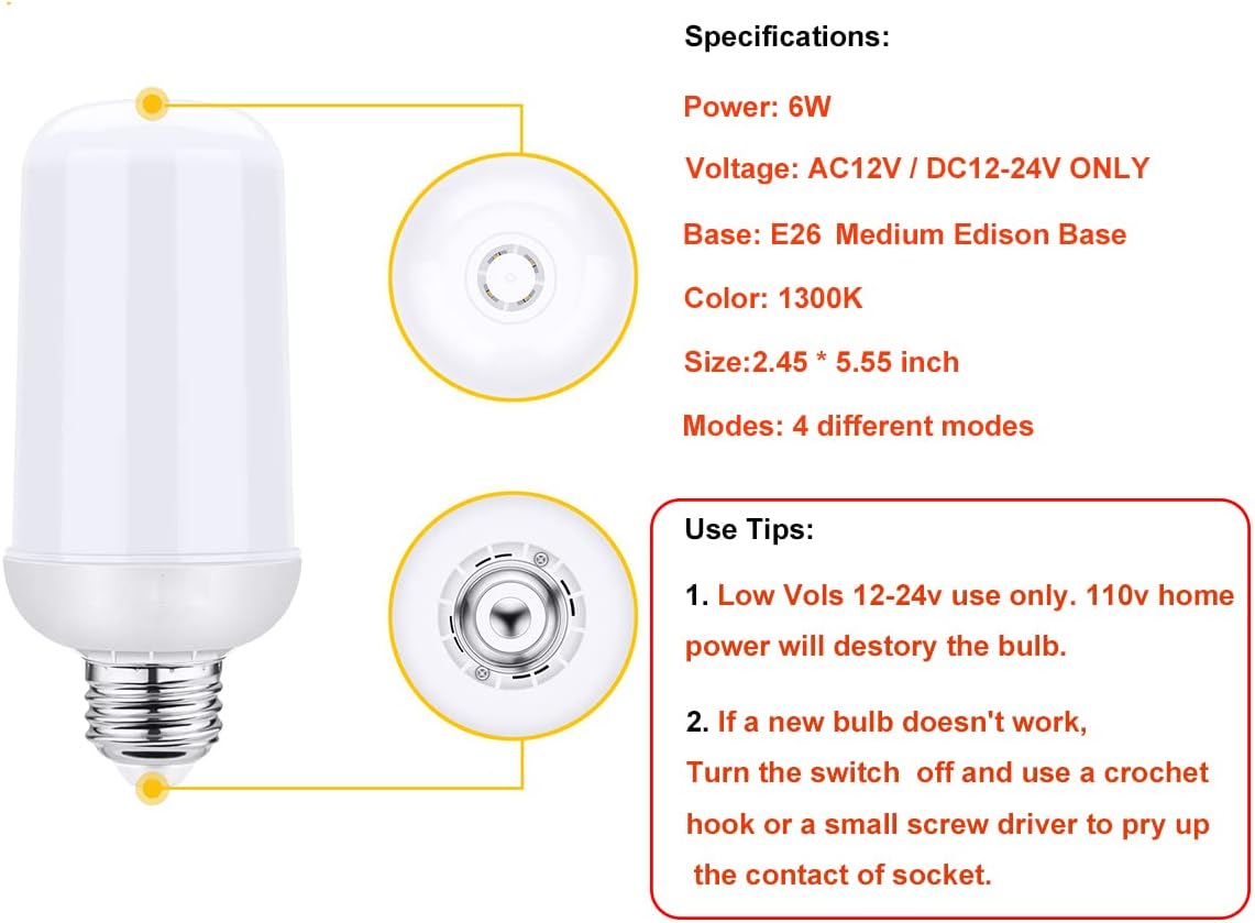 4-Pack E26 LED Flame Effect Light Bulb AC/DC12V / 24V DC Z58254