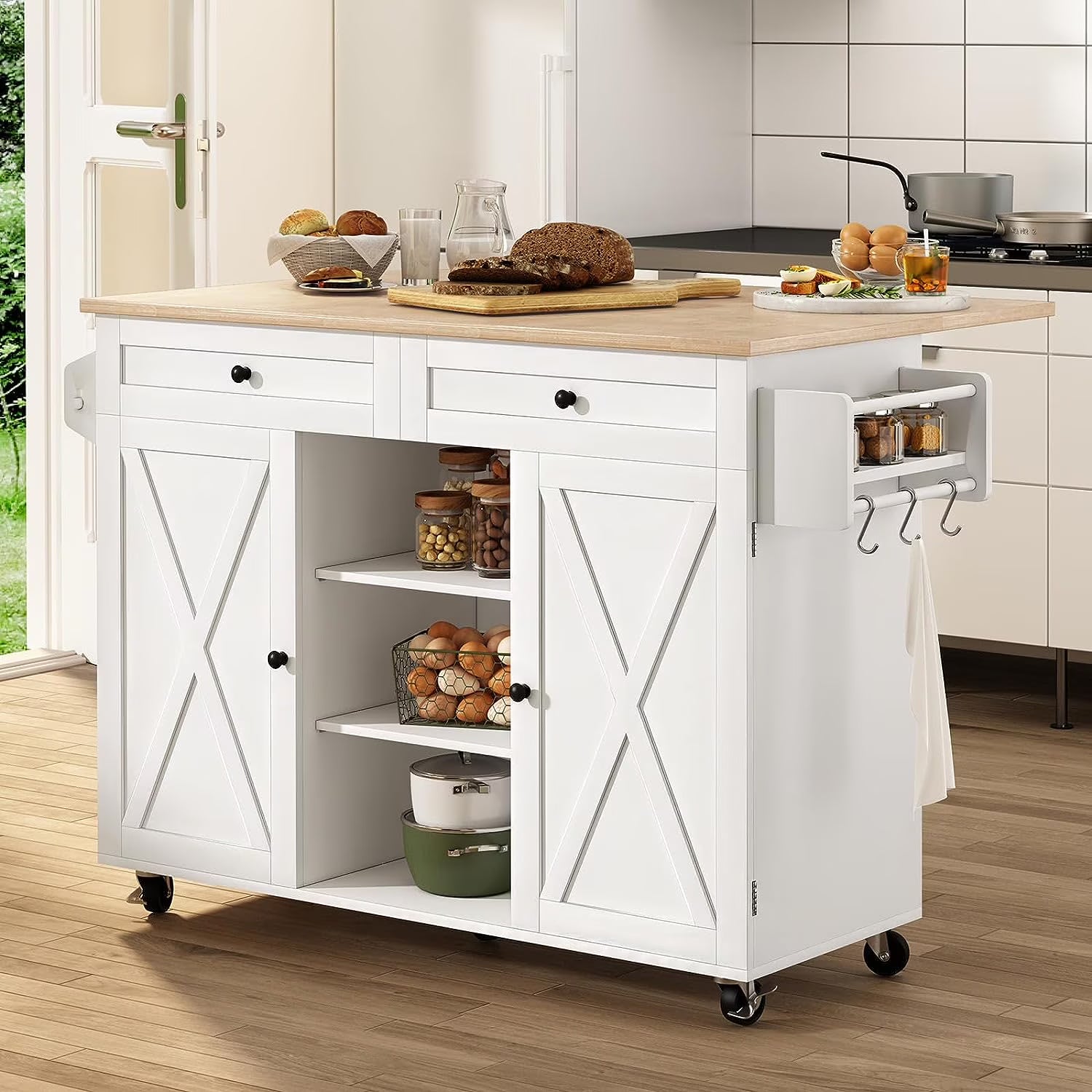 White Kitchen Island with Storage and Drop Leaf Q442376